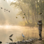 Person photographing birds by river